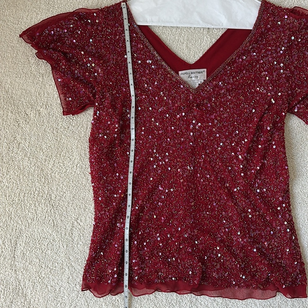Vintage Papell Boutique Top 1X, Red Silk Embellished V Plunge, Flutter Sleeves - Picture 6 of 8